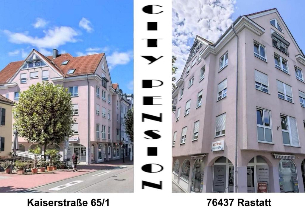 two pictures of a building next to a street at City Pension in Rastatt