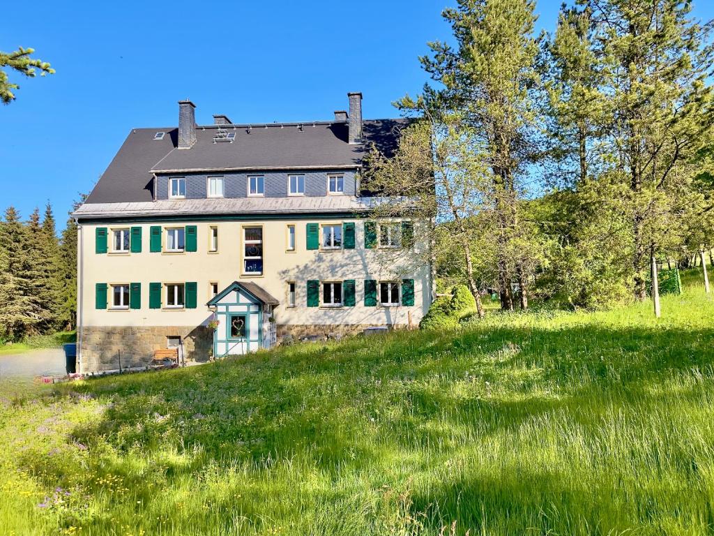 ein großes Haus auf einem Hügel mit grünem Gras in der Unterkunft Haus Donnerberg Rehefeld in Kurort Altenberg