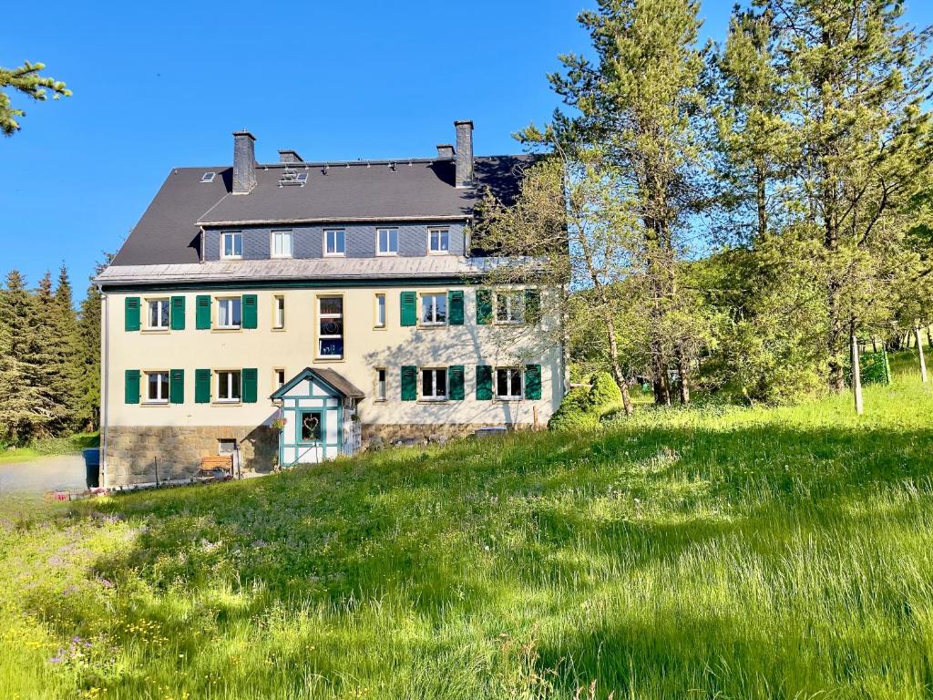 een groot huis op een heuvel met groen gras bij Haus Donnerberg Rehefeld in Kurort Altenberg