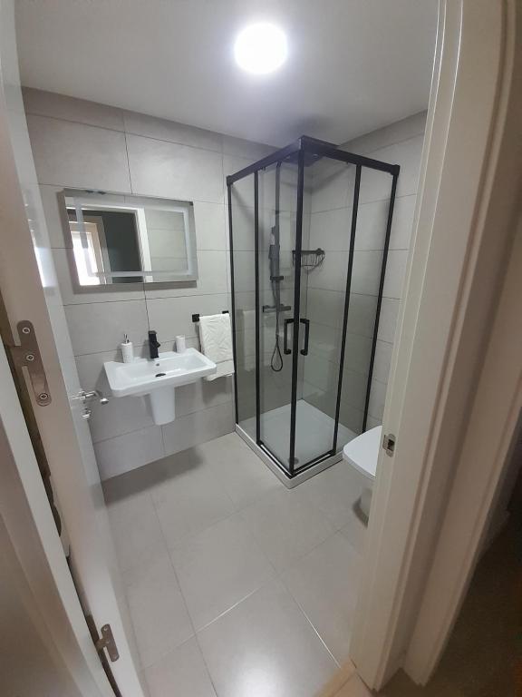 y baño con ducha y lavamanos. en Apartamentos aguanaz, en Entrambasaguas