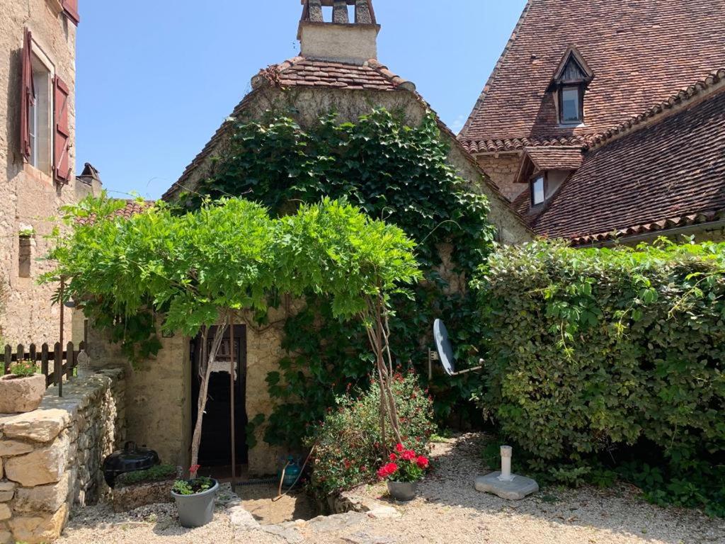 an old house with a ivy covered building with a tree at La Lotoise gîte au Coeur De Saint-Cirq-Lapopie in Saint-Cirq-Lapopie