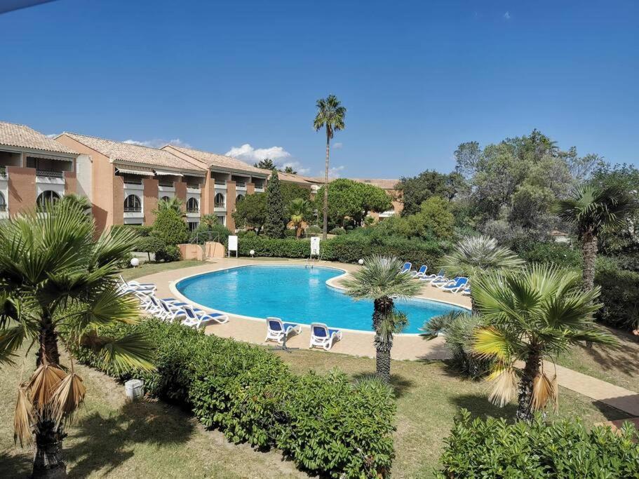 - une piscine avec des chaises et des palmiers dans un complexe dans l'établissement Appartement 4 personnes Bravone Corse, à Linguizzetta