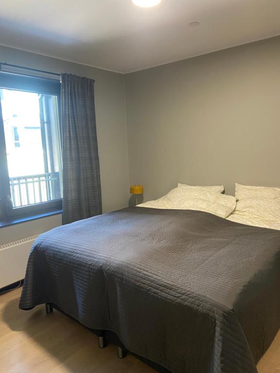 1 dormitorio con cama y ventana en Leilighet med panoramautsikt Sjusjøen Innendørs parkering en Sjusjøen
