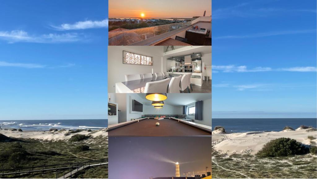 un collage de fotos de casas y de la playa en Casa Alegria Barra Deluxe by Home Sweet Home Aveiro, en Gafanha da Nazaré