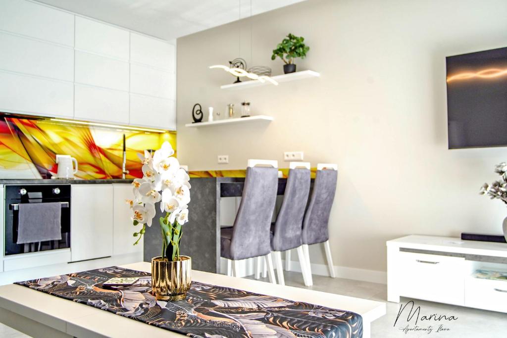 Kuchyňa alebo kuchynka v ubytovaní Marina Apartament 11 Iława - z prywatnym miejscem parkingowym w podziemnym garażu