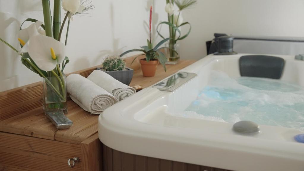 un bagno con vasca, fiori e piante di Hôtel Beau Soleil a Le Lavandou