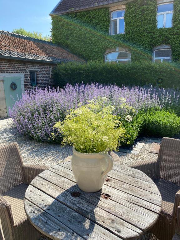 un vaso seduto sopra un tavolo di legno con fiori di B&B Jadis et Naguère a Noduwez