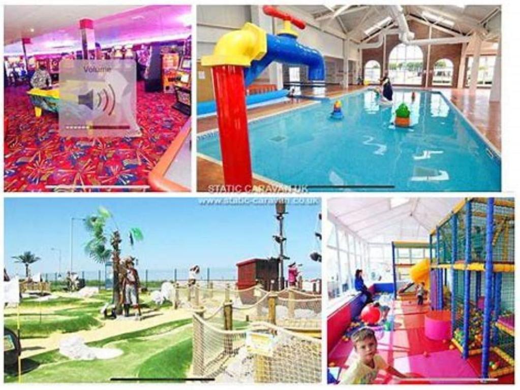 uma colagem de fotografias de uma piscina com um parque infantil em P&T's everything a family needs including decking private WIFI and Smart TV em Rhyl
