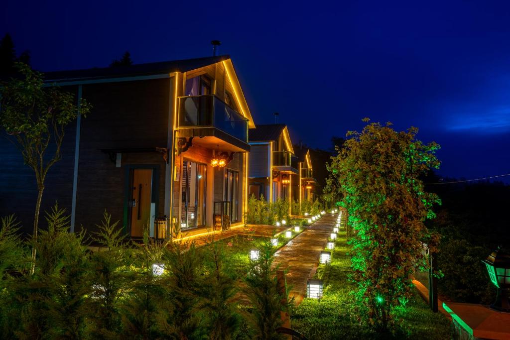 eine Reihe von Häusern in der Nacht mit grüner Beleuchtung in der Unterkunft POISON GARDEN SUİTE in Gözalan