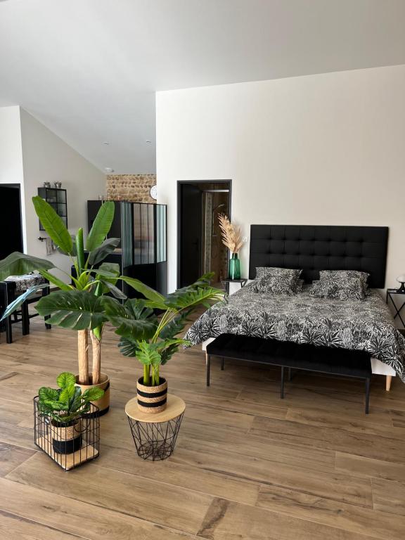 um quarto com uma cama e vasos de plantas em Le Vieux Platane em Malissard