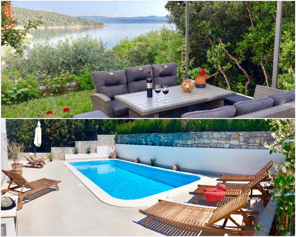a backyard with a swimming pool and a table and chairs at Villa Sol Necujam - private pool and 30m from the beach in Nečujam