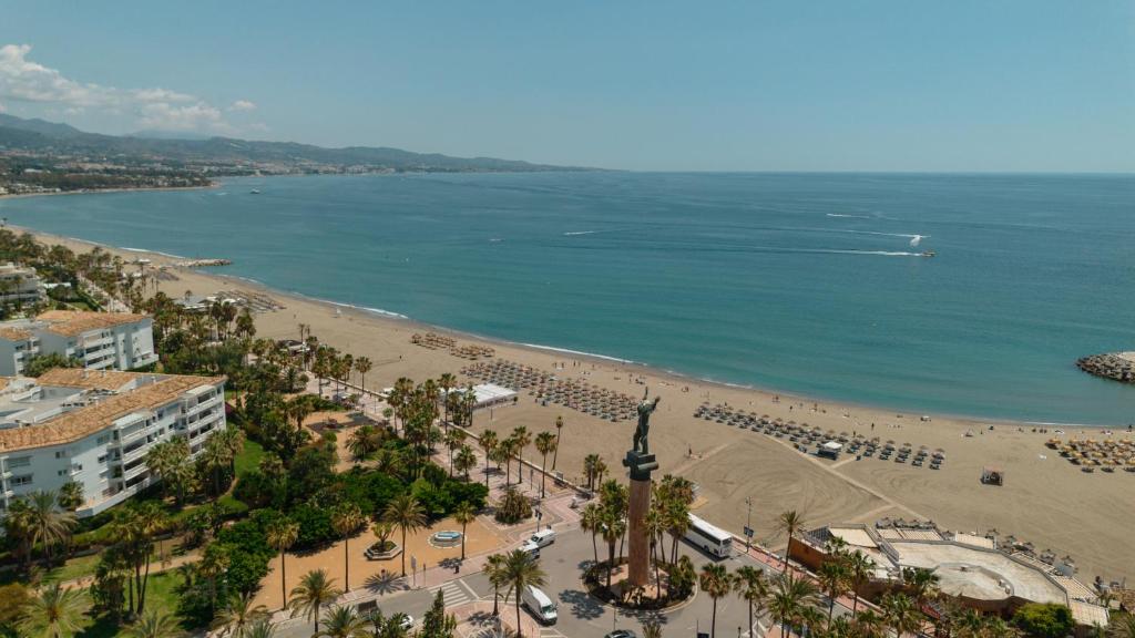 Puerto Banus beach, mountain and sea view, Marbella, Costa del Sol, Spain  Stock Photo