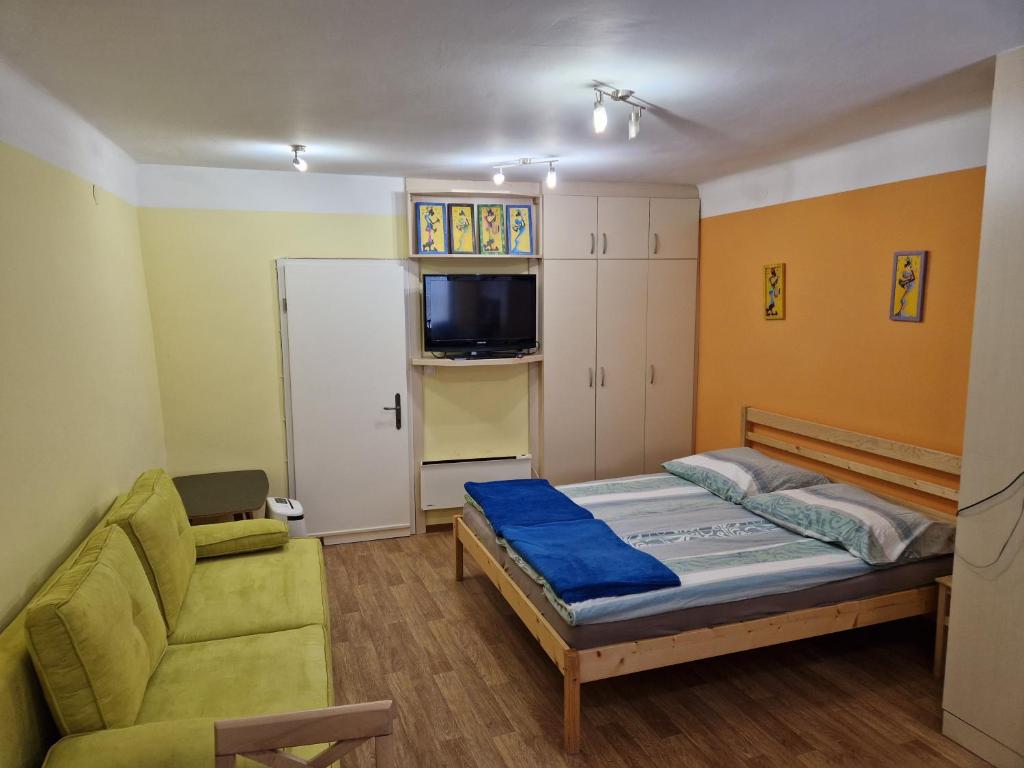 ein Schlafzimmer mit einem Bett, einem Sofa und einem TV in der Unterkunft Studio Lotrist in Radovljica
