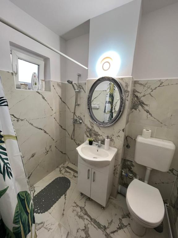 ein Badezimmer mit einem Waschbecken, einem WC und einem Spiegel in der Unterkunft Alice Apartment in Arad