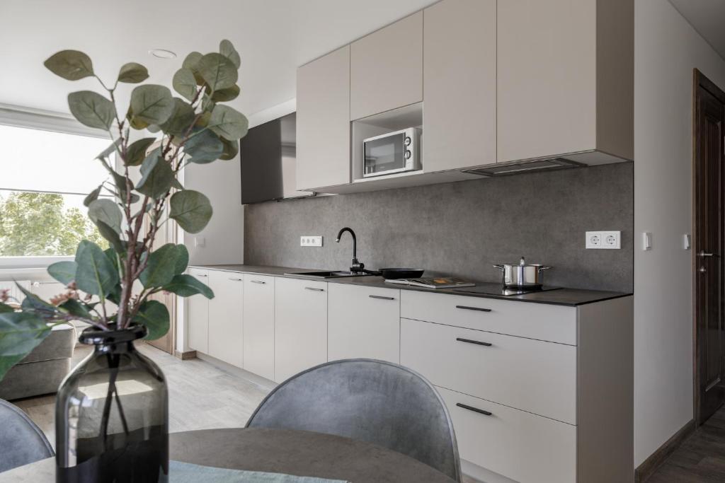 uma cozinha com armários brancos e um vaso com uma planta em Mini-Home Apartamentai em Klaipėda