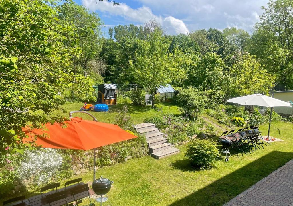 un jardin avec un parasol orange, des bancs et des arbres dans l'établissement Ferienhaus-Fiete, à Sagard
