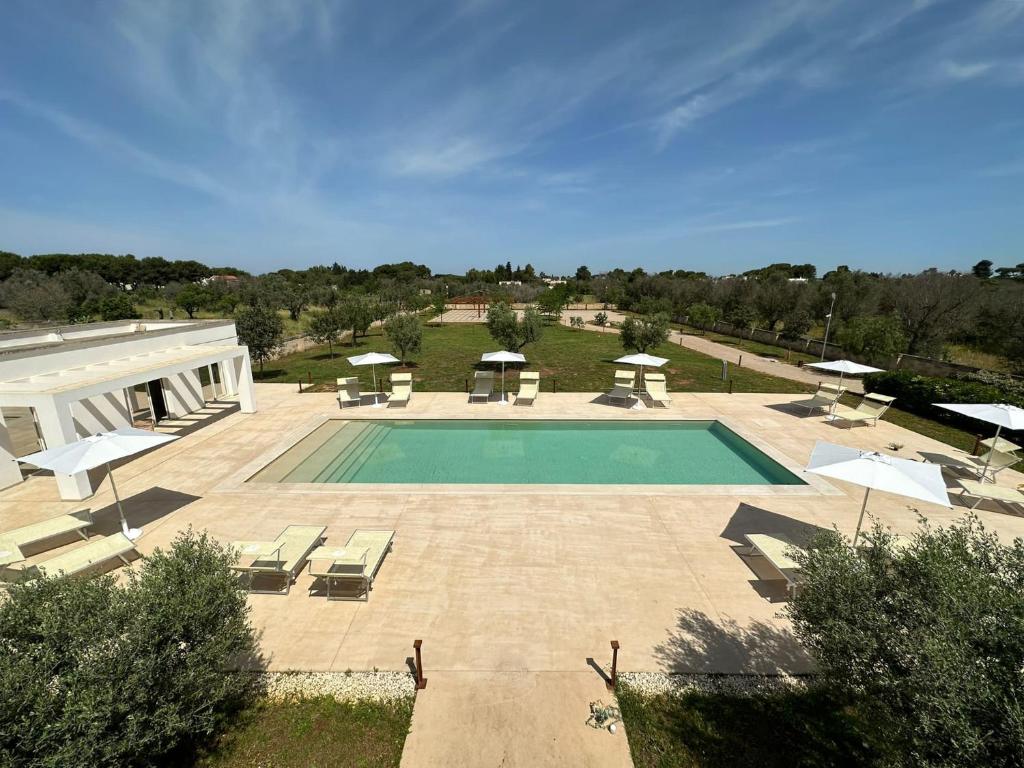 a large swimming pool with chairs and umbrellas at Carrubia in Nardò