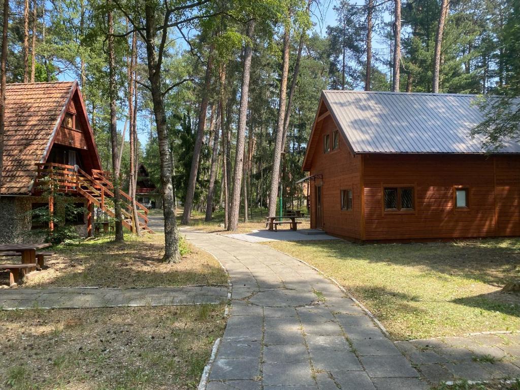 una cabaña de madera con un camino junto a un bosque en Domki Pod Sosnami, en Stegna
