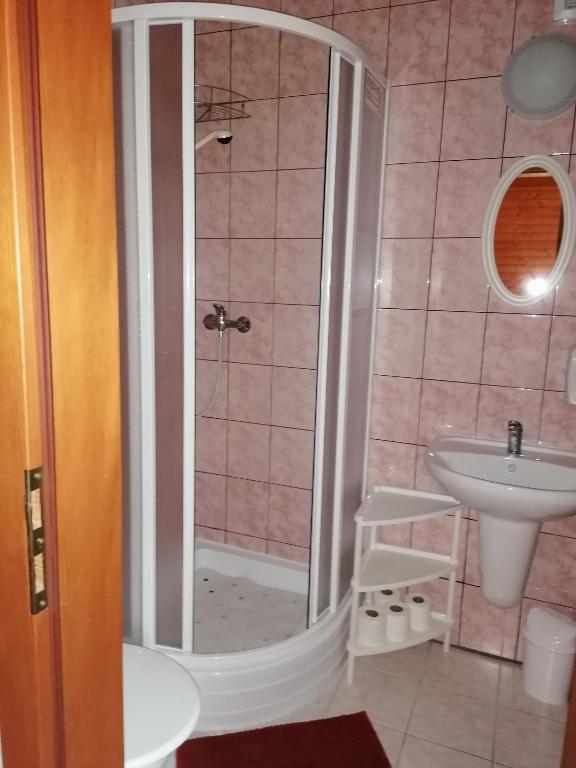 a bathroom with a shower and a sink at Apartmány 670 pod Lysou horou in Rokytnice nad Jizerou