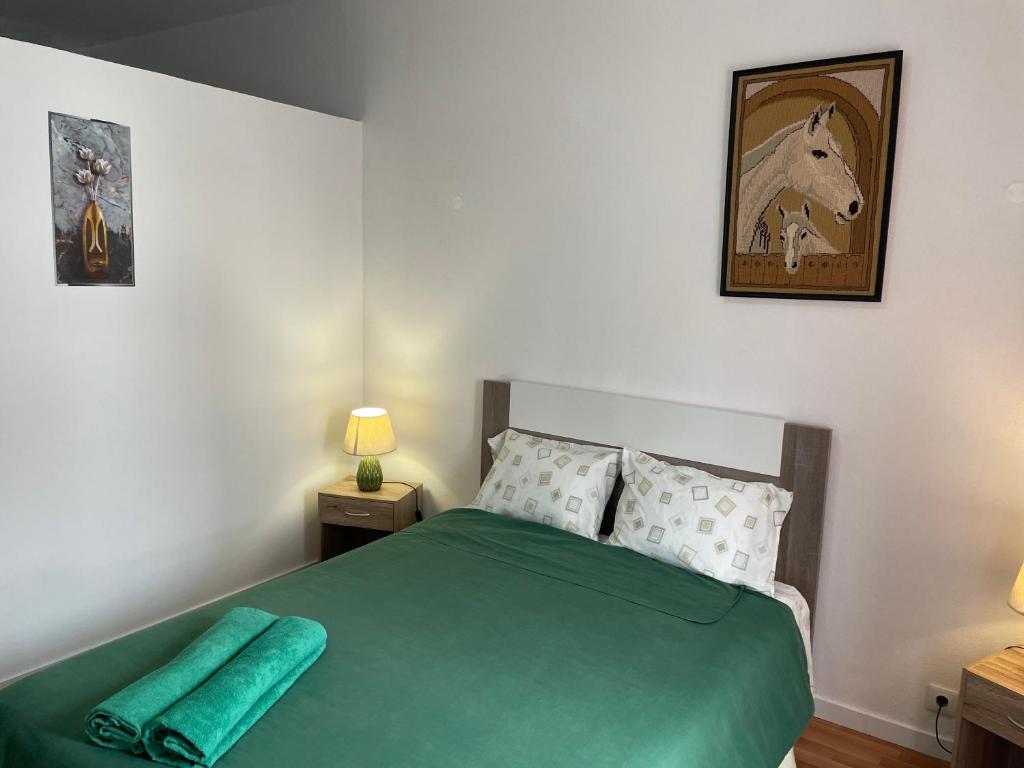 蓬塔德爾加達的住宿－Espaço perto do aeroporto - Av João Paulo II , número 50 em Ponta Delgada，一间卧室配有一张带两盏灯和一张马术画的绿床。