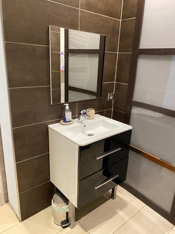 La salle de bains est pourvue d'un lavabo et d'un miroir. dans l'établissement jolie appartement avec piscine, à La Roquette-sur-Siagne