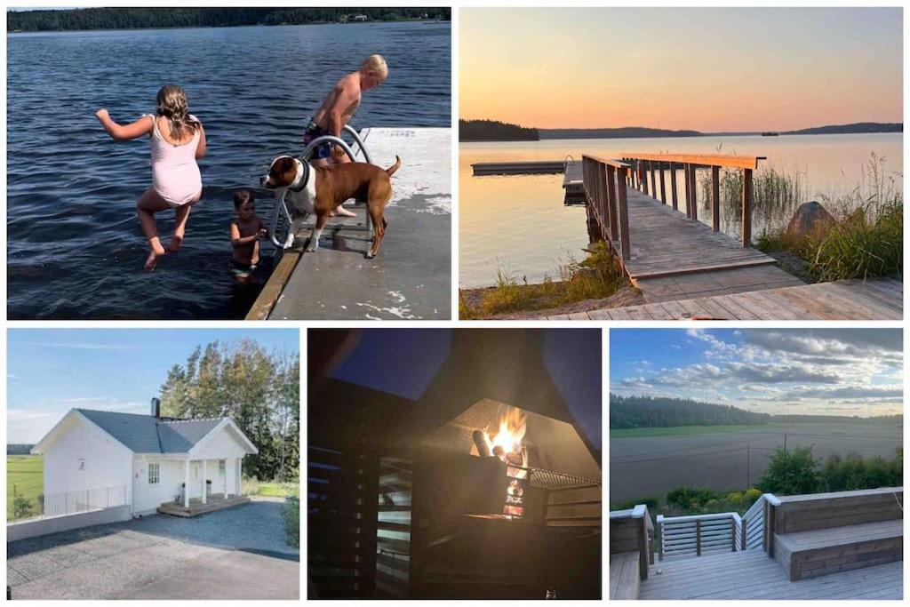 uma colagem de fotos com uma mulher e um cão e um lago em Granby oasen em Sigtuna