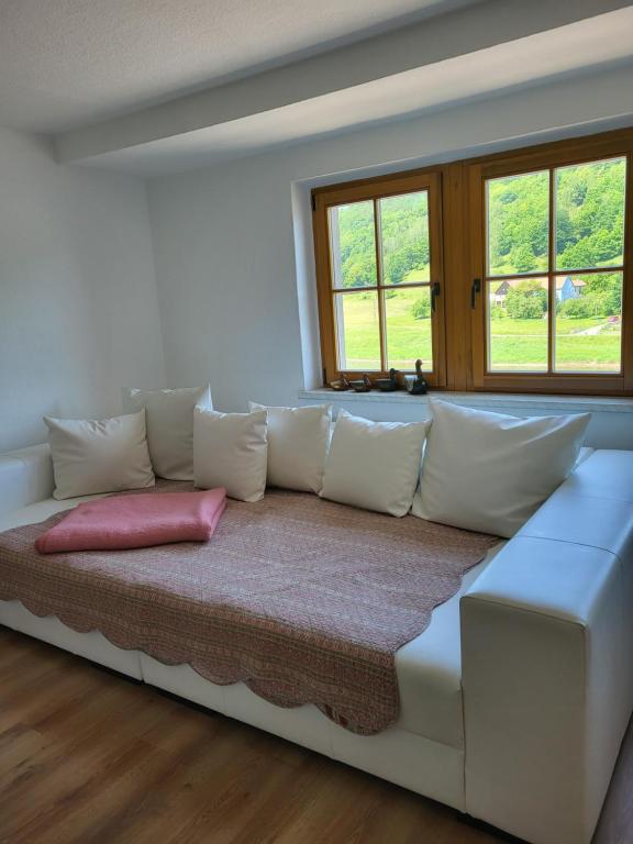 ein weißes Sofa im Wohnzimmer mit Fenstern in der Unterkunft Wohnung Elbblick in Königstein an der Elbe