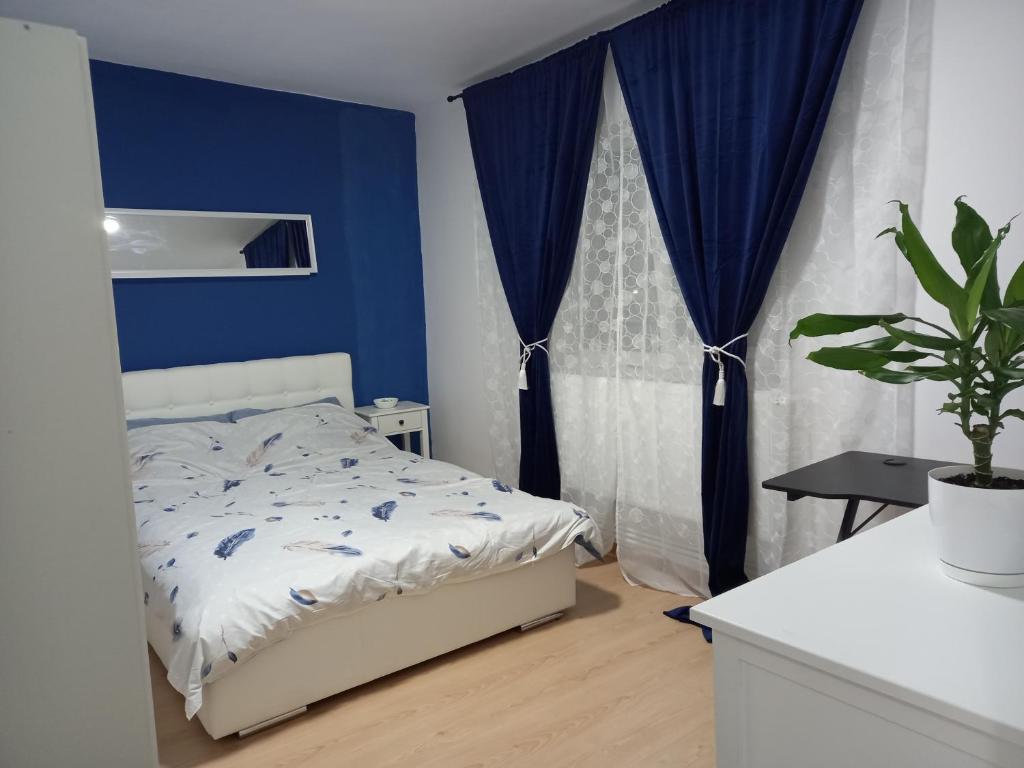 Un dormitorio con una cama con paredes azules y una planta en Pascani Noul Centru en Paşcani