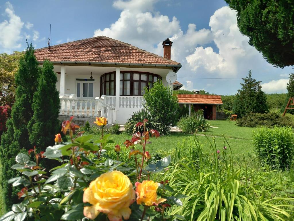 una casa con un jardín con flores delante en Apartmani Ćosić, en Kuršumlija