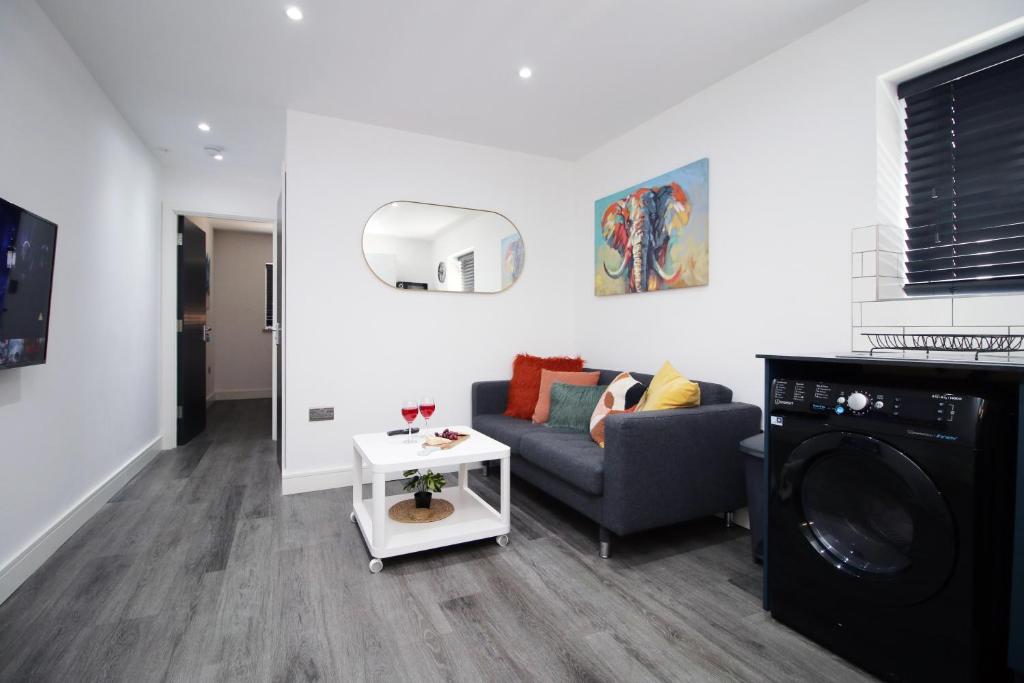 a living room with a couch and a washing machine at Boutique one bedroom apartment in Cardiff in Cardiff