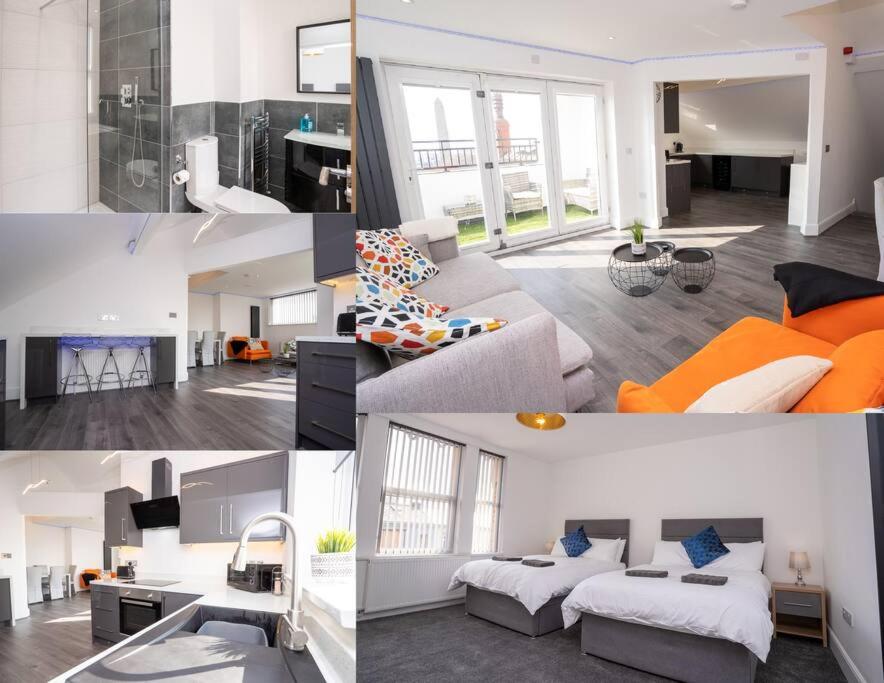 a collage of photos of a living room and a kitchen at Luxury town apartment with roof terrace, Sleeps 6 in Blackpool