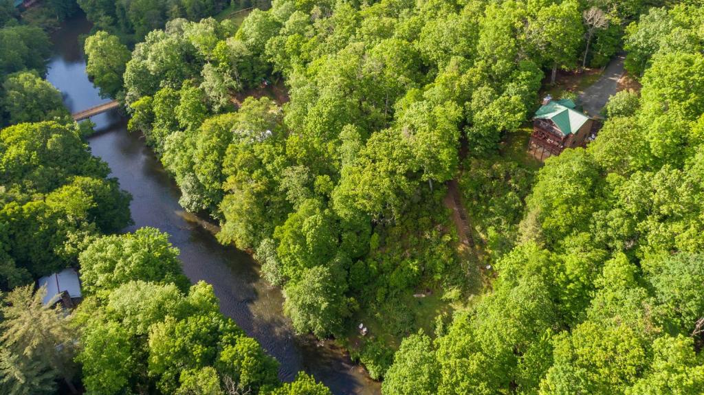 Vue aérienne d'une rivière dans une forêt dans l'établissement River Daze, à Boone