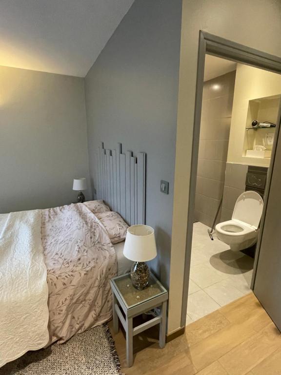 a bedroom with a bed and a bathroom with a toilet at Inspirations - Chambres d'hôtes in Saint-Loup-Géanges