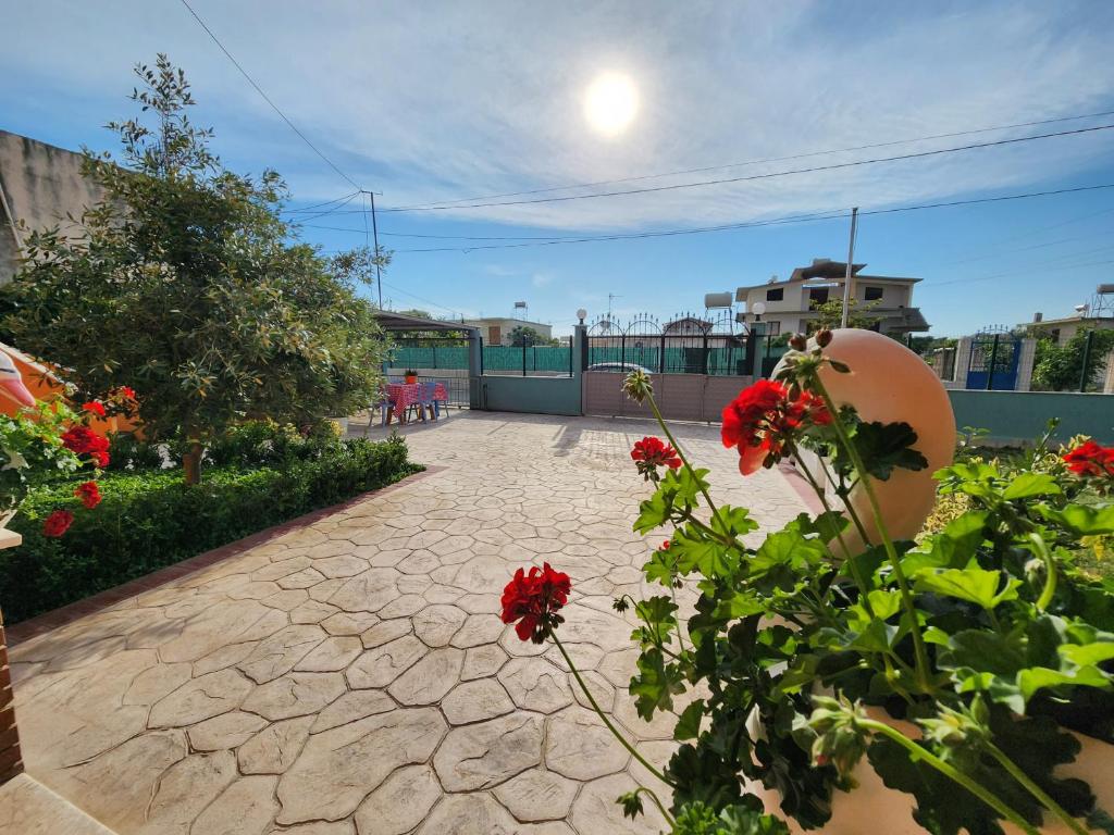 a patio with red flowers and a stone walkway at Villa Bleta in Vlorë