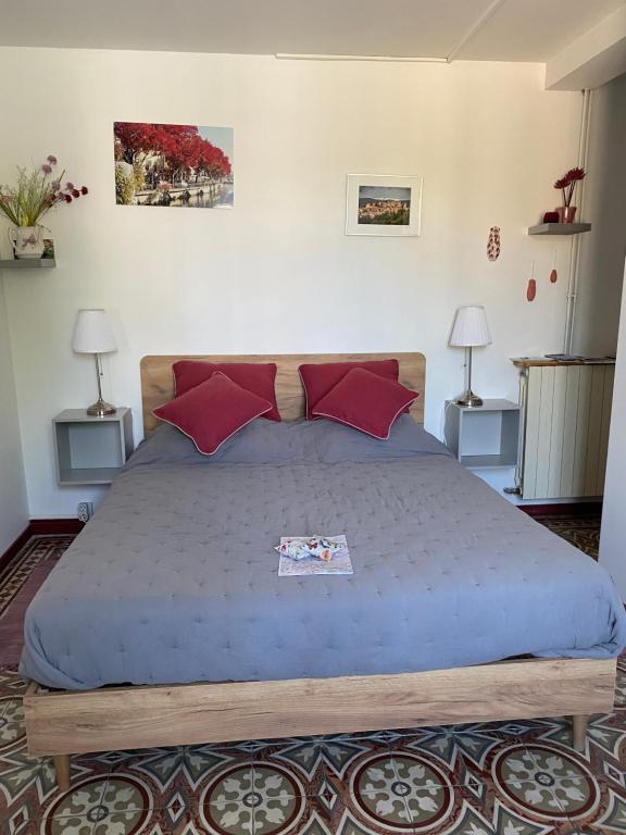 ein Schlafzimmer mit einem großen Bett mit roten Kissen in der Unterkunft Côté Court in LʼIsle-sur-la-Sorgue