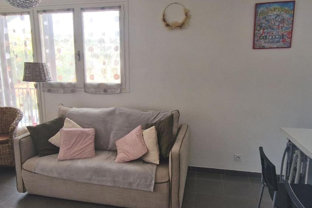 un canapé avec des coussins dessus dans un salon dans l'établissement T2-au calme-terrasse-place de parking attitrée, à Collioure