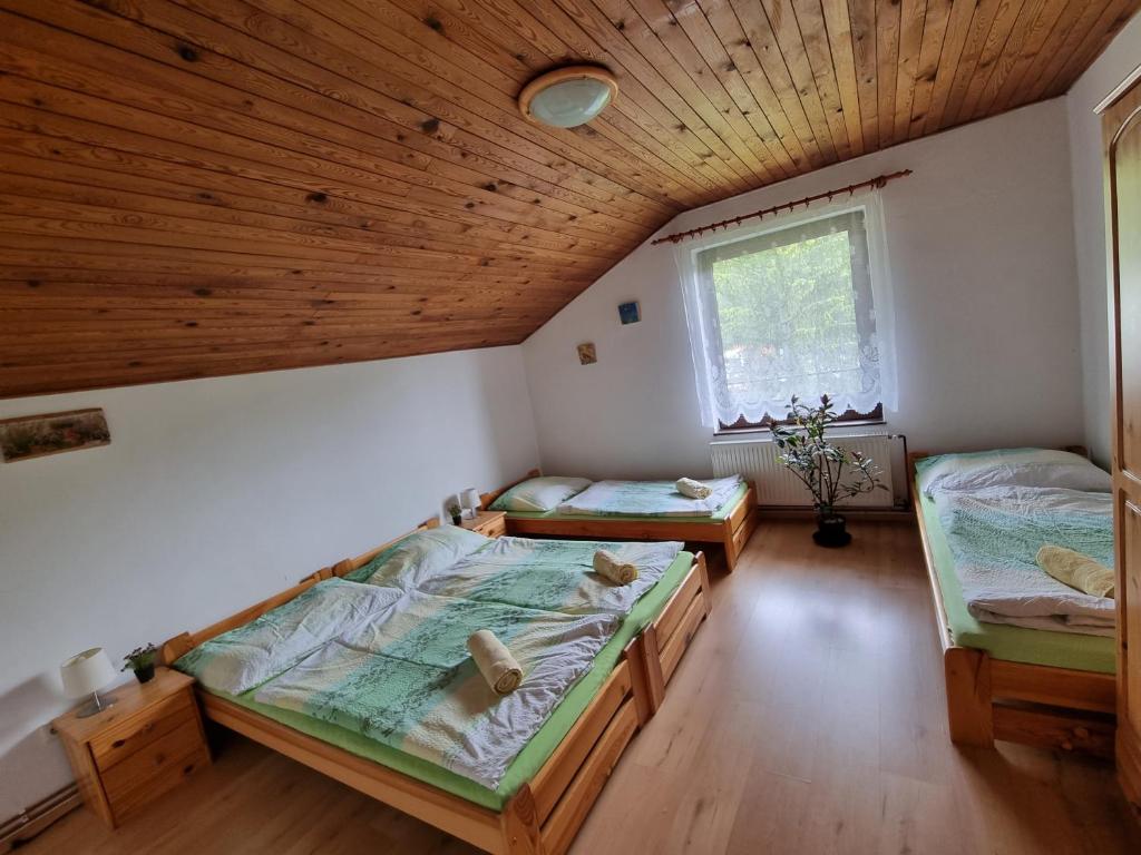 two beds in a room with a wooden ceiling at Ubytování - Černá hora II in Svoboda nad Úpou