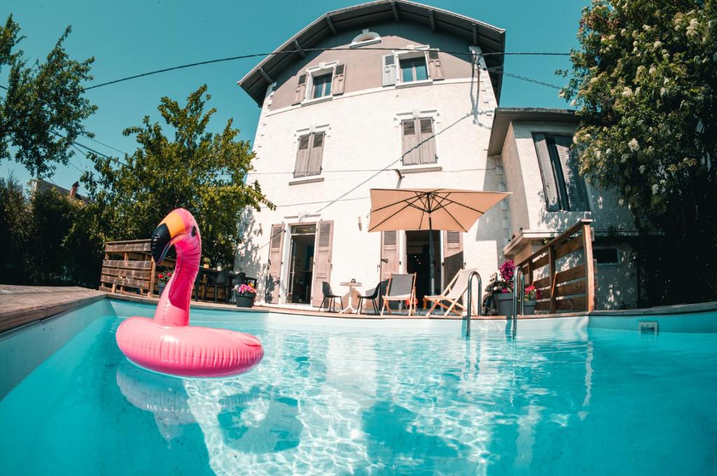 un cygne rose dans une piscine en face d'une maison dans l'établissement Le sérénité - T3 en maison de ville avec piscine, à Annecy