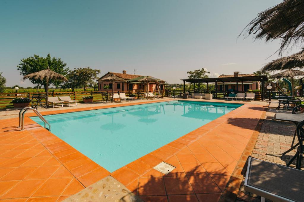a large swimming pool with chairs and umbrellas at Agriturismo il Laghetto in Grosseto