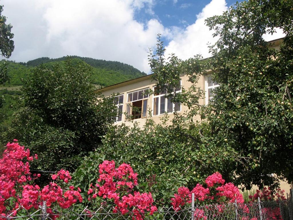 una casa con fiori rosa davanti di Guesthouse Lenjeri a Mestia