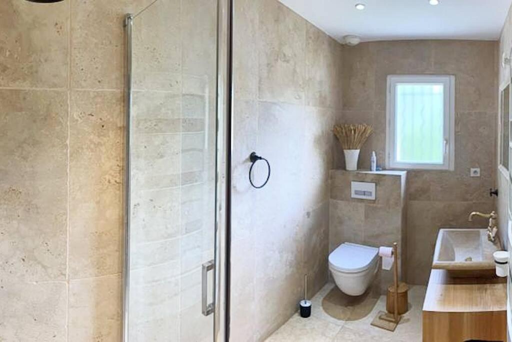 a bathroom with a shower and a toilet and a sink at Belle villa avec jardin piscine et salle de sport in Montauroux