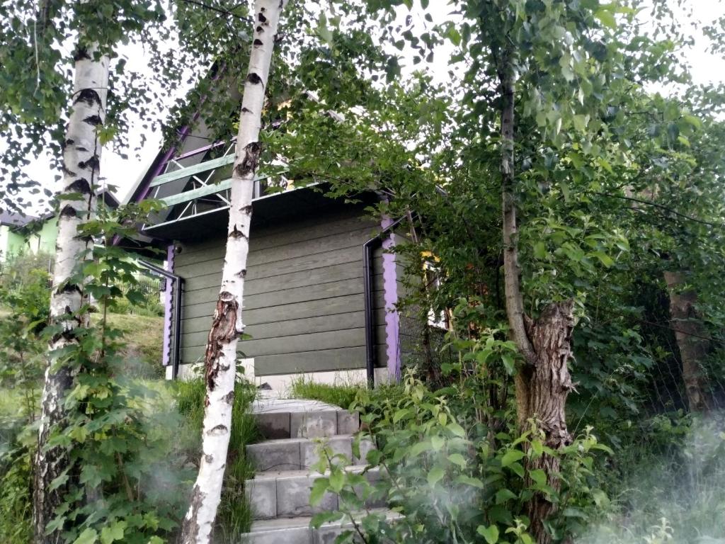 uma pequena casa com escadas que levam até ela em Domek w Bieńkówce 