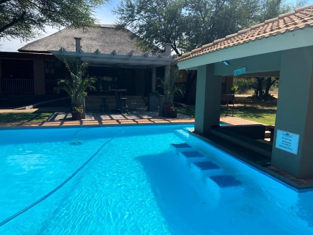 a large blue swimming pool next to a house at Thabazimbi Country Lodge in Thabazimbi