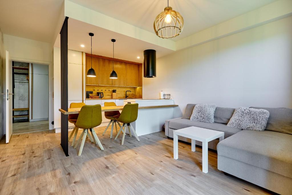 salon z kanapą i stołem w obiekcie Klínovec Suite by Mountain ways w mieście Loučná pod Klínovcem