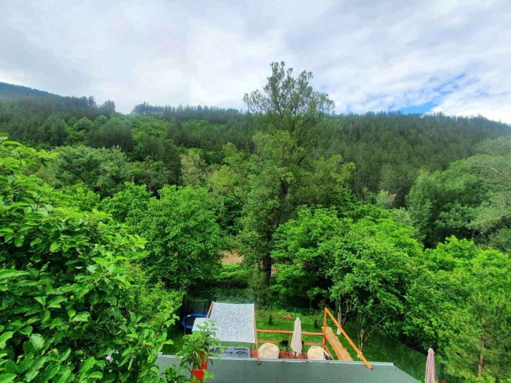 eine Aussicht auf ein Haus im Wald in der Unterkunft Green View 1 in Skrino