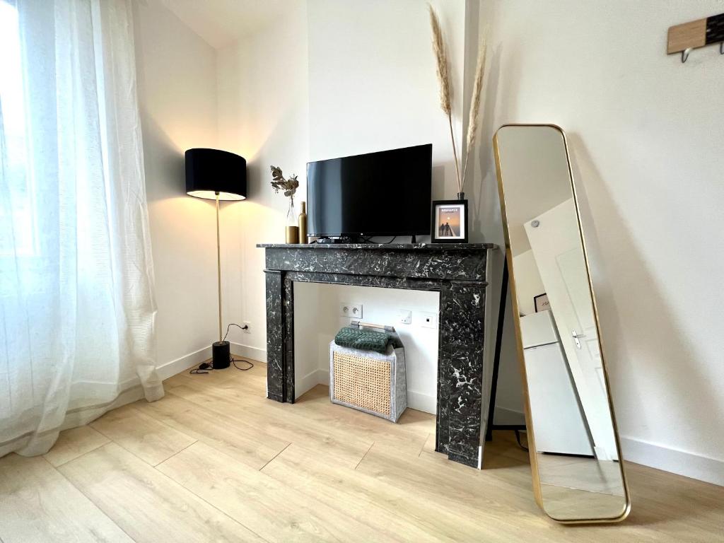 Zimmer mit einem Kamin, einem TV und einem Spiegel in der Unterkunft Suite ~ Romance Estivale ~ à 15 min de Lyon in Miribel