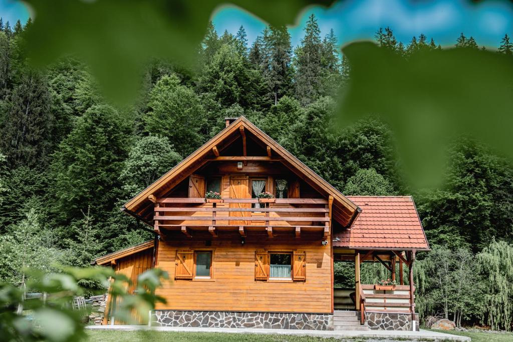 eine Blockhütte inmitten eines Waldes in der Unterkunft Central Chalet in Vărşag