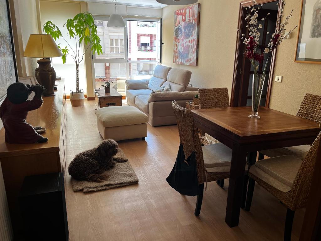 un gato tirado en el suelo en una sala de estar en Apartamento La Sirena Brazomar, en Castro Urdiales