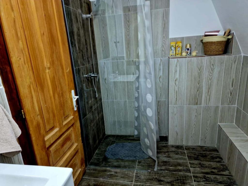 La salle de bains est pourvue d'une douche avec une porte en verre. dans l'établissement Bunloc House, à Braşov