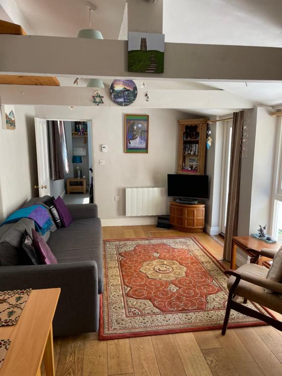 ein Wohnzimmer mit einer Couch und einem Teppich in der Unterkunft Morning Sun Apartment Glastonbury in Glastonbury